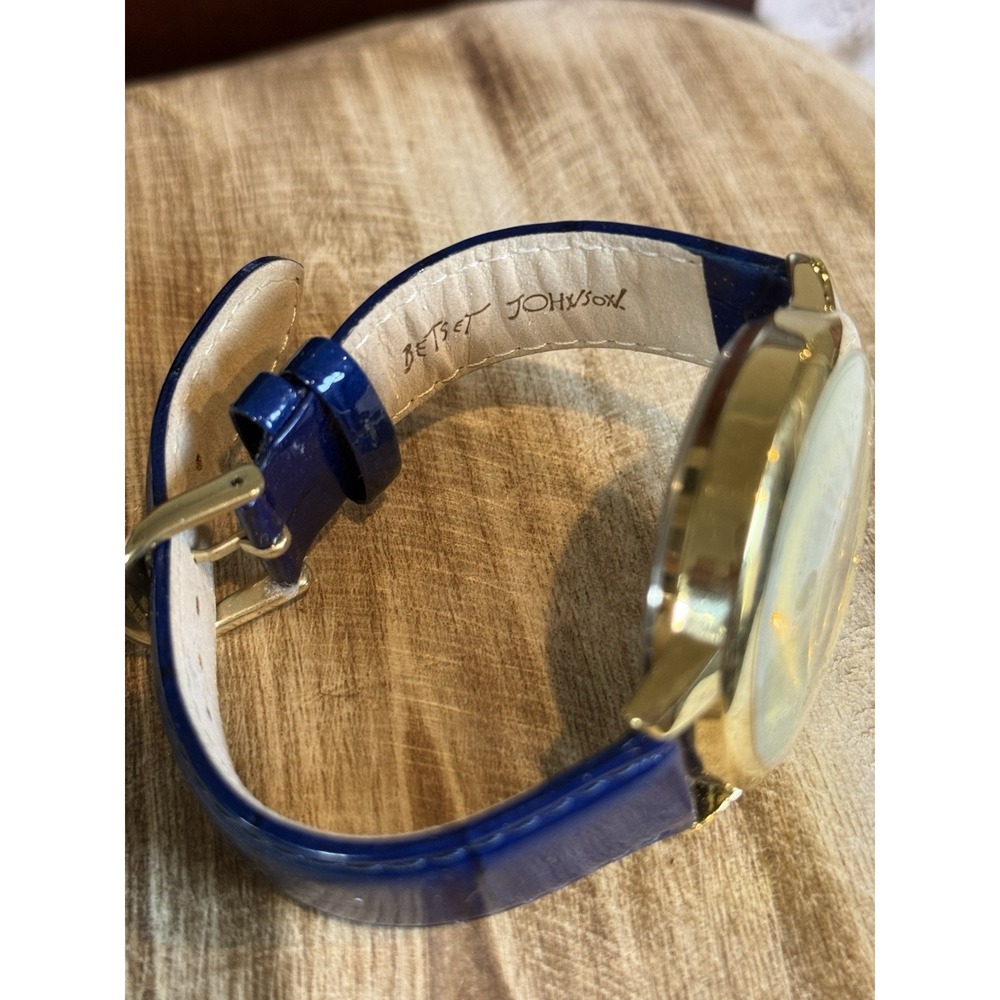 Betsey Johnson Owl Face Watch Blue Leather Strap Gold‎ Tone Quartz As Is - Picture 6 of 6